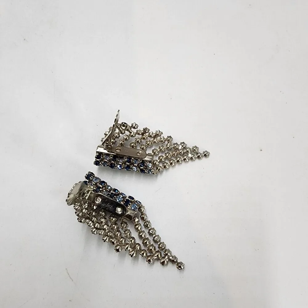 Vintage Large Oversized Blue Rhinestone Statement Climber Earrings Clip On